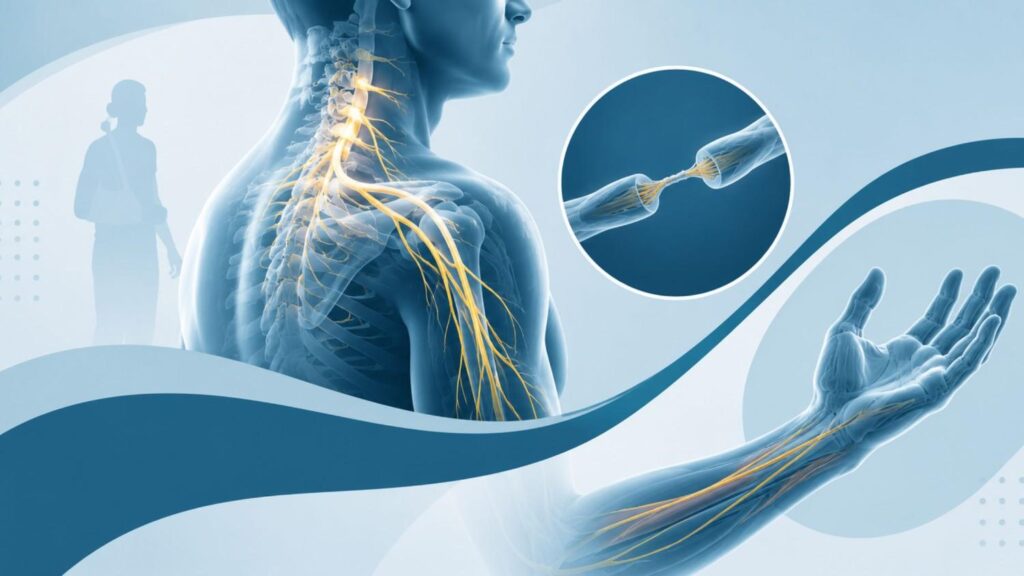Medical illustration representing Nerve Transfer Surgery for Brachial Plexus in Thrissur with highlighted brachial plexus nerves, nerve regeneration, and upper limb function recovery.
