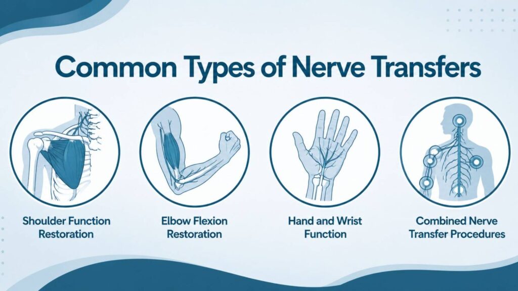 Infographic illustrating the common types of Nerve Transfer Surgery for Brachial Plexus in Thrissur, including shoulder function restoration, elbow flexion restoration, hand and wrist function, and combined nerve transfer procedures.
