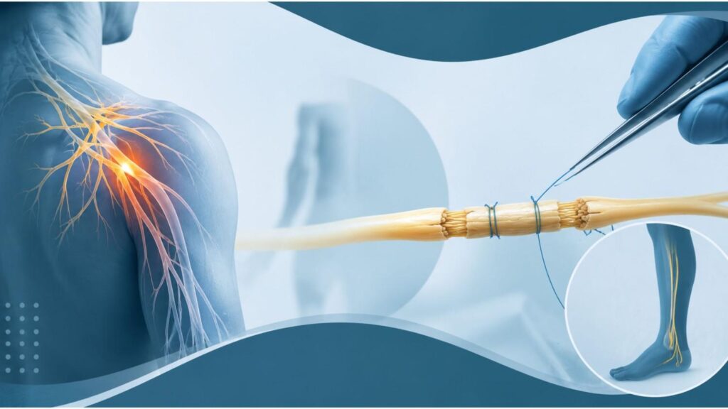 Cover image illustrating Nerve Grafting for Brachial Plexus Injury in Thrissur with brachial plexus nerve anatomy, microsurgical nerve graft reconstruction, and donor nerve harvesting for upper limb recovery.