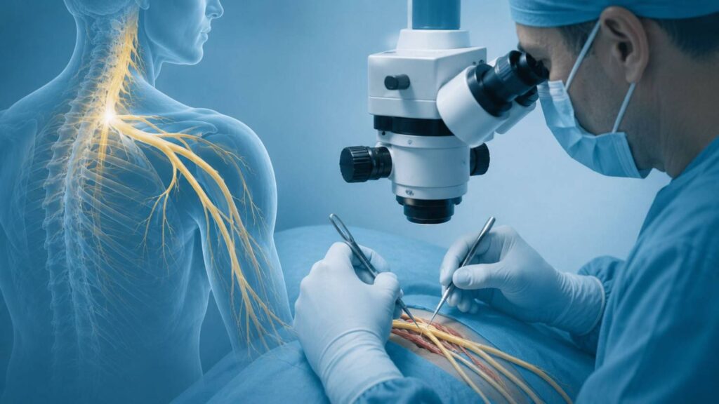 Cover image illustrating Microsurgery for Brachial Plexus Injury in Thrissur with a surgeon performing advanced microsurgical nerve reconstruction under an operating microscope alongside a highlighted brachial plexus nerve anatomy.