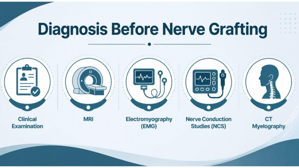 Infographic illustrating the diagnostic process before Nerve Grafting for Brachial Plexus Injury in Thrissur, including clinical examination, MRI, Electromyography (EMG), Nerve Conduction Studies (NCS), and CT myelography.