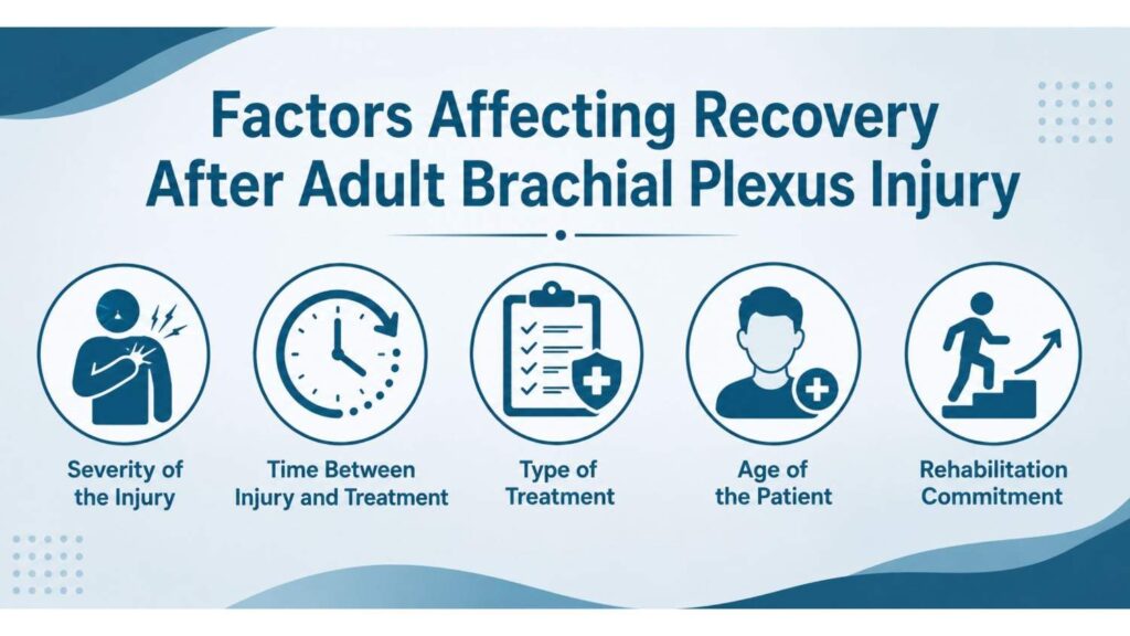 Infographic illustrating the Factors Affecting Recovery After Adult Brachial Plexus Injury during Adult Brachial Plexus Injury Treatment in Thrissur, including injury severity, treatment timing, treatment type, patient age, and rehabilitation commitment.