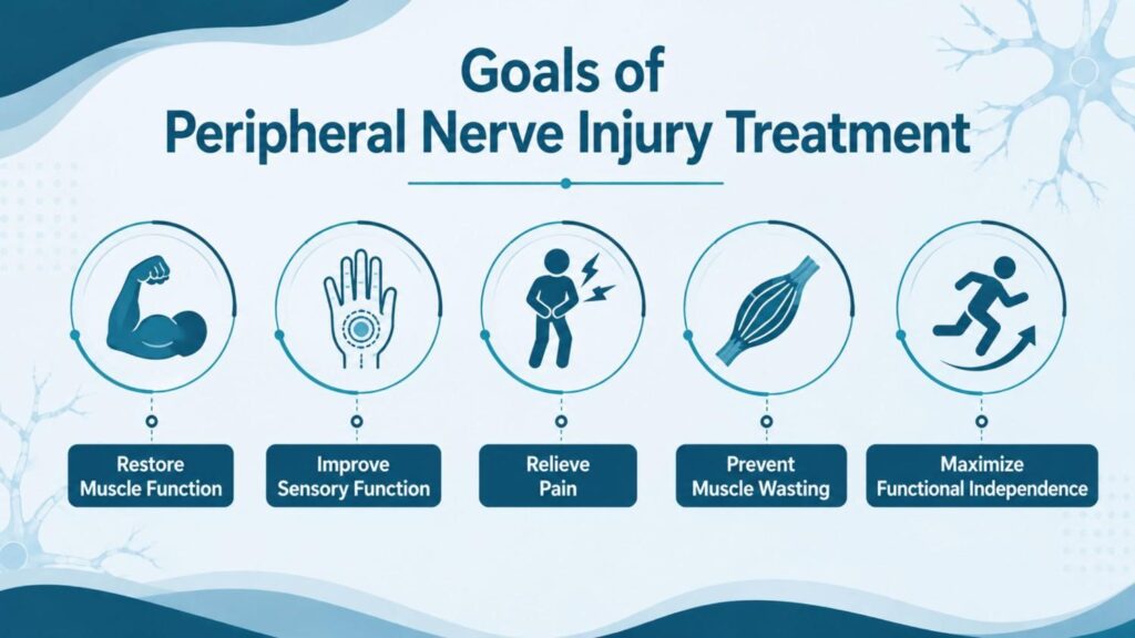 Infographic illustrating the Goals of Peripheral Nerve Injury Treatment during Peripheral Nerve Injury Treatment in Thrissur, including restoring muscle function, improving sensory function, relieving pain, preventing muscle wasting, and maximizing functional independence.