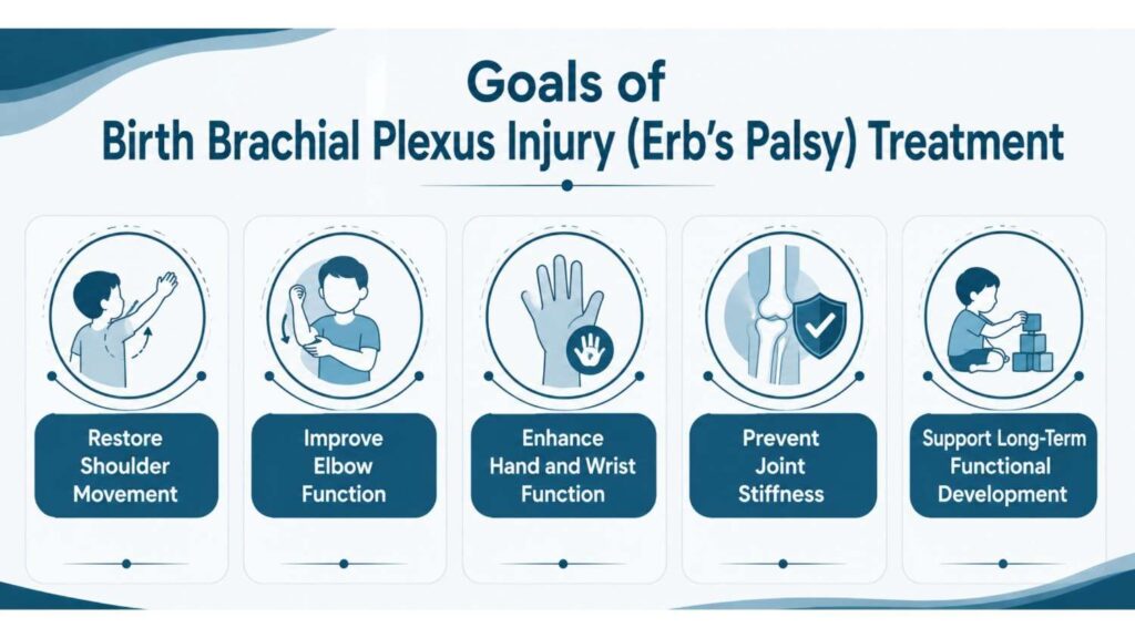 Infographic illustrating the Goals of Birth Brachial Plexus Injury (Erb's Palsy) Treatment in Thrissur, including restoring shoulder movement, improving elbow function, enhancing hand and wrist function, preventing joint stiffness, and supporting long-term functional development.