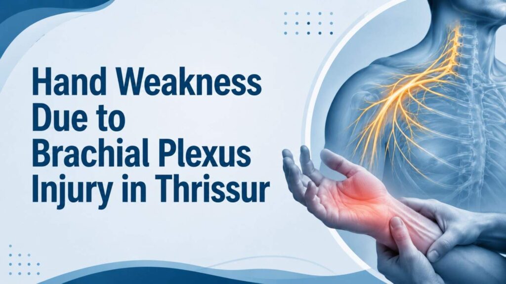 Hand Weakness Due to Brachial Plexus Injury in Thrissur illustrated with the brachial plexus nerves and a patient experiencing hand weakness caused by peripheral nerve damage