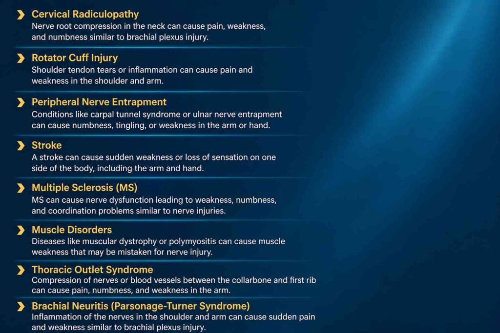 Medical infographic outlining conditions that can mimic a brachial plexus injury, including cervical radiculopathy, rotator cuff injury, stroke, multiple sclerosis, and thoracic outlet syndrome.