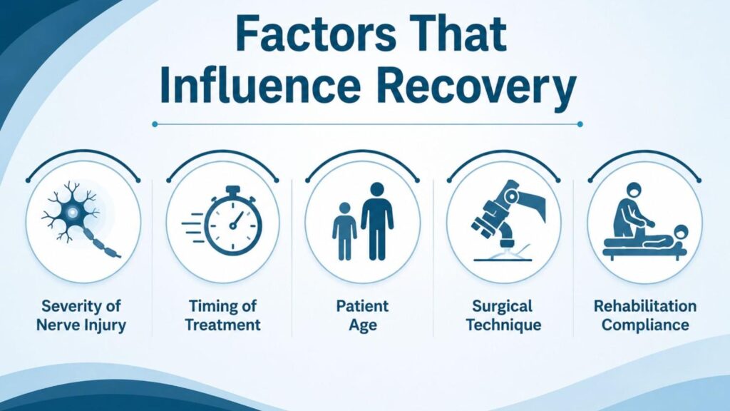Shoulder Weakness After Brachial Plexus Injury in Thrissur infographic showing the factors that influence recovery, including severity of nerve injury, timing of treatment, patient age, surgical technique, and rehabilitation compliance