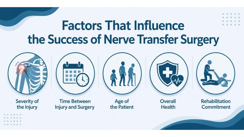 Infographic showing the key factors influencing the success of Nerve Transfer Surgery for Brachial Plexus in Thrissur, including injury severity, treatment timing, patient age, overall health, and rehabilitation commitment.