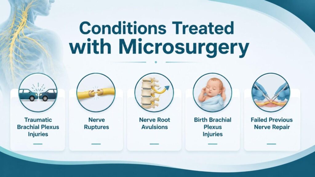Infographic illustrating the Conditions Treated with Microsurgery during Microsurgery for Brachial Plexus Injury in Thrissur, including traumatic brachial plexus injuries, nerve ruptures, nerve root avulsions, birth brachial plexus injuries, and failed previous nerve repair.