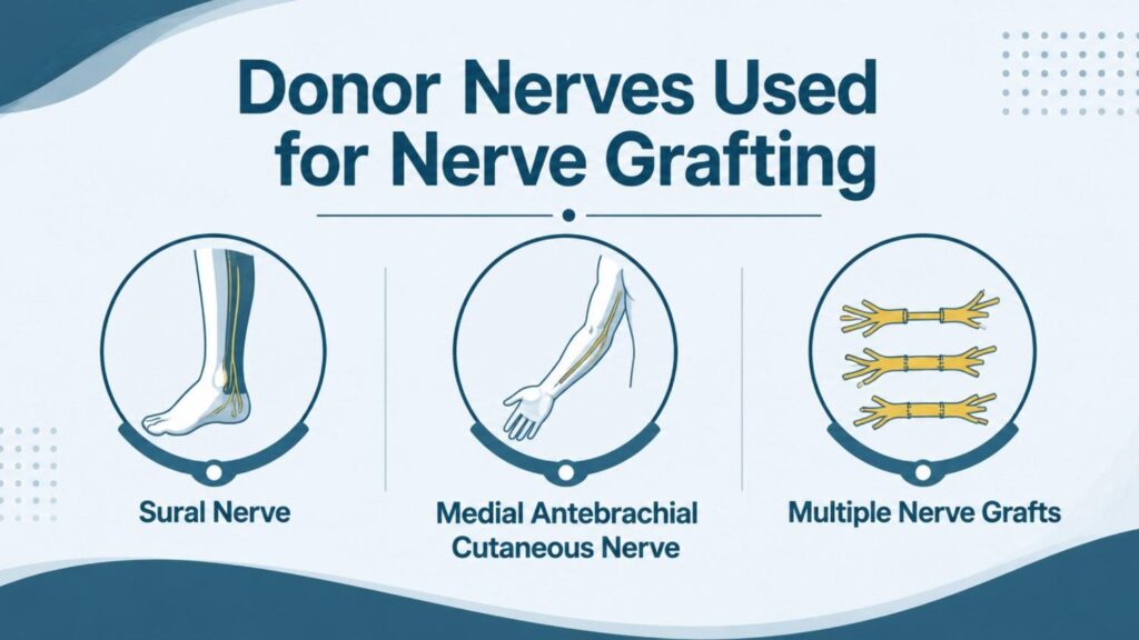 Infographic illustrating the donor nerves used in Nerve Grafting for Brachial Plexus Injury in Thrissur, including the sural nerve, medial antebrachial cutaneous nerve, and multiple nerve grafts.