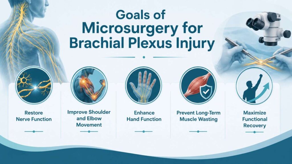 Infographic illustrating the Goals of Microsurgery for Brachial Plexus Injury during Microsurgery for Brachial Plexus Injury in Thrissur, including restoring nerve function, improving shoulder and elbow movement, enhancing hand function, preventing long-term muscle wasting, and maximizing functional recovery.