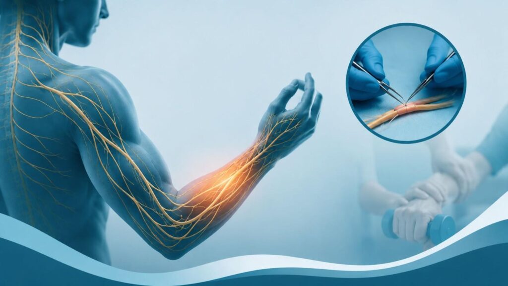 Cover image illustrating Peripheral Nerve Injury Treatment in Thrissur with highlighted peripheral nerves in the arm, microsurgical nerve repair, and rehabilitation, representing comprehensive peripheral nerve care.