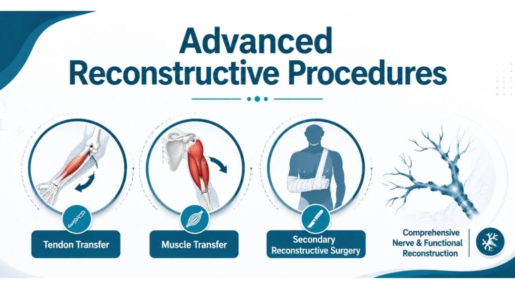 Advanced reconstructive procedures for Brachial Plexus Injury Treatment in Thrissur showing tendon transfer, muscle transfer, secondary reconstructive surgery, and nerve reconstruction techniques.