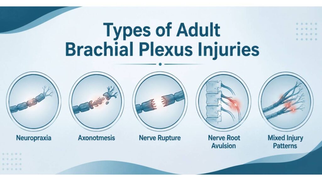 Infographic illustrating the Types of Adult Brachial Plexus Injuries encountered during Adult Brachial Plexus Injury Treatment in Thrissur, including neuropraxia, axonotmesis, nerve rupture, nerve root avulsion, and mixed injury patterns.