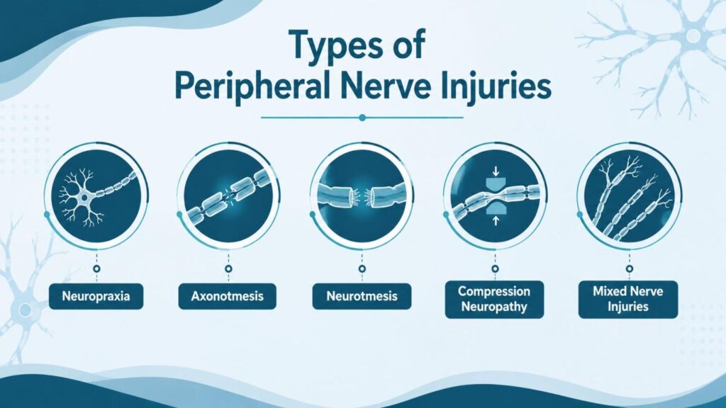 Infographic illustrating the Types of Peripheral Nerve Injuries encountered during Peripheral Nerve Injury Treatment in Thrissur, including neuropraxia, axonotmesis, neurotmesis, compression neuropathy, and mixed nerve injuries.