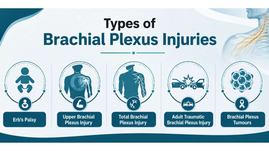 Types of Brachial Plexus Injuries infographic showing Erb's Palsy, Upper Brachial Plexus Injury, Total Brachial Plexus Injury, Adult Traumatic Brachial Plexus Injury, and Brachial Plexus Tumours for Brachial Plexus Injury Treatment in Thrissur.