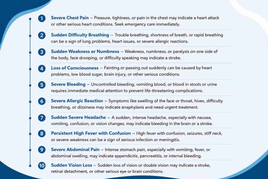 Medical infographic listing 10 critical symptoms that need immediate medical attention, including chest pain, breathing difficulty, severe bleeding, stroke symptoms, and sudden vision loss.