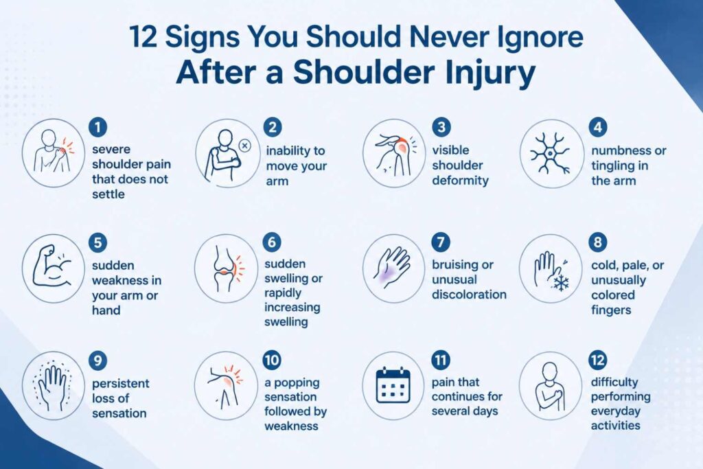 12 warning signs after a shoulder injury, including severe pain, inability to move the arm, deformity, numbness, weakness, swelling, bruising, discoloration, cold fingers, loss of sensation, popping with weakness, persistent pain, and difficulty with daily activities.