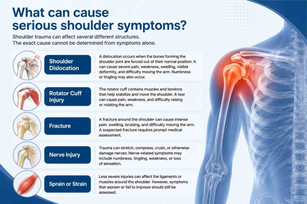 Causes of serious shoulder symptoms, including shoulder dislocation, rotator cuff injury, fracture, nerve injury, and sprain or strain.