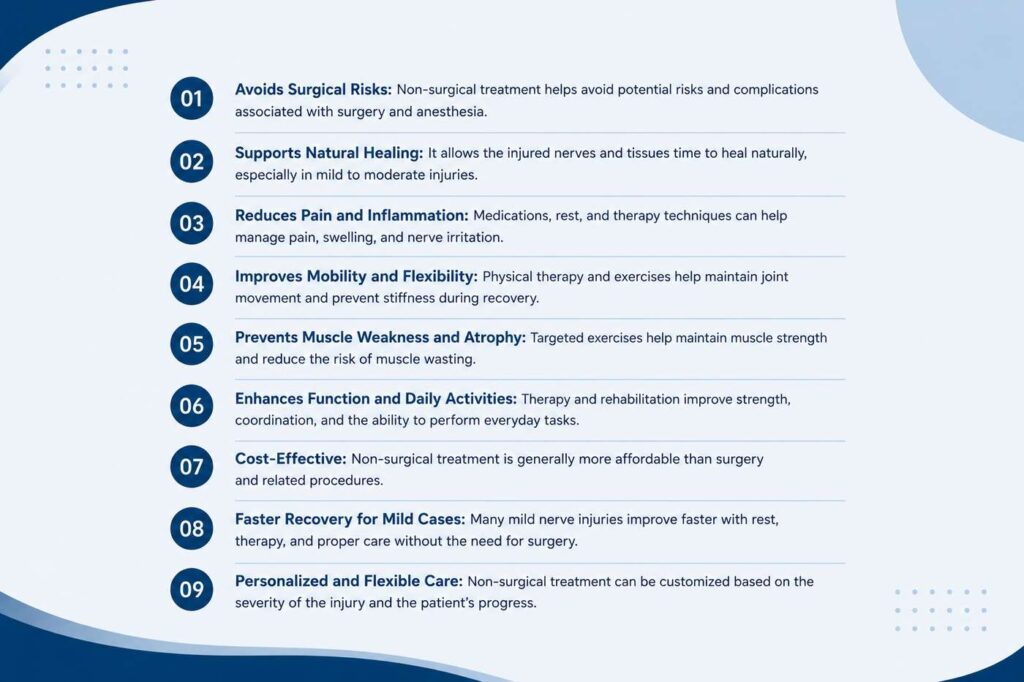 Benefits of non-surgical treatment for brachial plexus injuries, including reduced pain, improved mobility, natural healing, and better function
