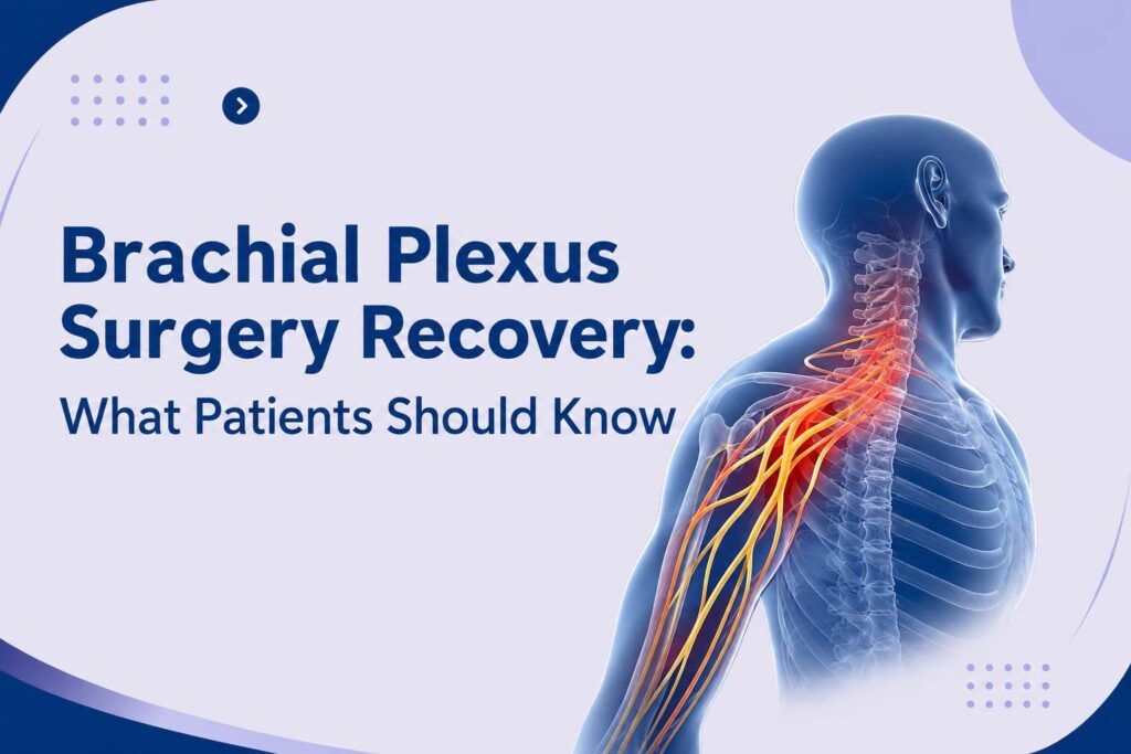 Brachial plexus surgery recovery medical illustration showing nerves in the neck, shoulder, and arm