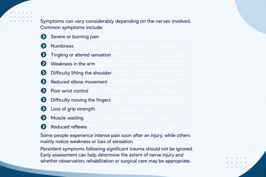 Common symptoms of a brachial plexus injury including pain, numbness, weakness, and reduced movement