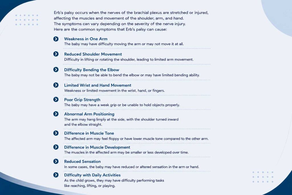 Common symptoms of Erb's palsy affecting arm, shoulder, elbow, wrist, and hand movement