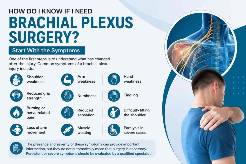 Brachial plexus surgery infographic showing common symptoms of brachial plexus injury, including shoulder, arm and hand weakness, reduced grip strength, numbness, tingling, nerve-related pain, reduced sensation, limited movement, muscle wasting and paralysis in severe cases.