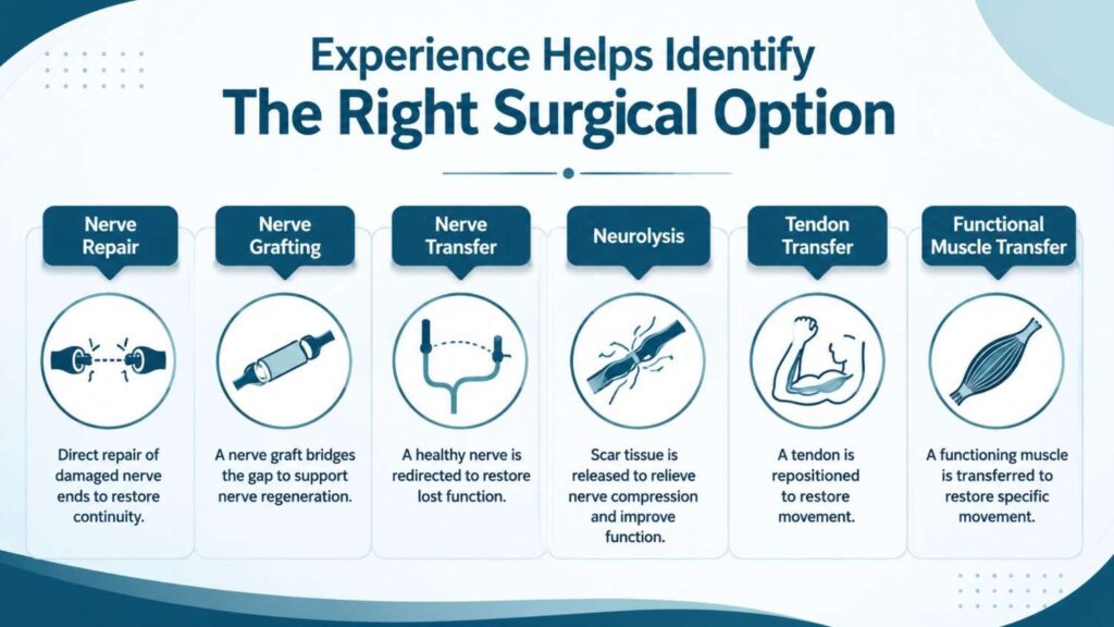 Why choose an experienced brachial plexus surgeon? Surgical options including nerve repair, nerve grafting, nerve transfer, neurolysis, tendon transfer, and functional muscle transfer