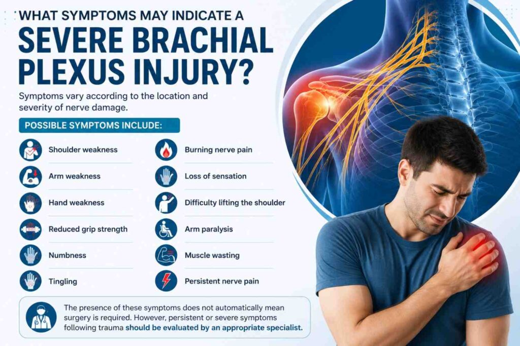 Medical infographic showing symptoms that may indicate a severe brachial plexus injury, including shoulder, arm and hand weakness, reduced grip strength, numbness, tingling, burning nerve pain, loss of sensation, difficulty lifting the shoulder, arm paralysis, muscle wasting and persistent nerve pain