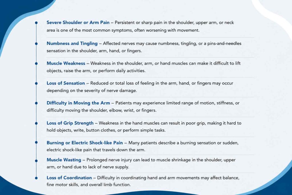 Medical infographic outlining symptoms associated with common causes of brachial plexus injuries, including pain, numbness, muscle weakness, reduced sensation, and loss of coordination.