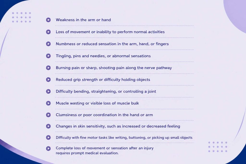 Symptoms of significant nerve damage including weakness, numbness, tingling, pain, and muscle wasting