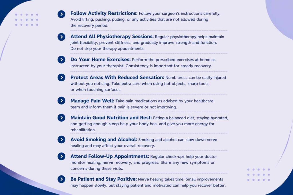 Tips to support brachial plexus surgery recovery through physiotherapy, exercise, rest, and follow-up care