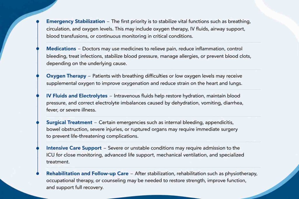 Medical infographic explaining treatment for symptoms that need immediate medical attention, including emergency stabilization, medications, oxygen therapy, IV fluids, surgery, intensive care, and rehabilitation.