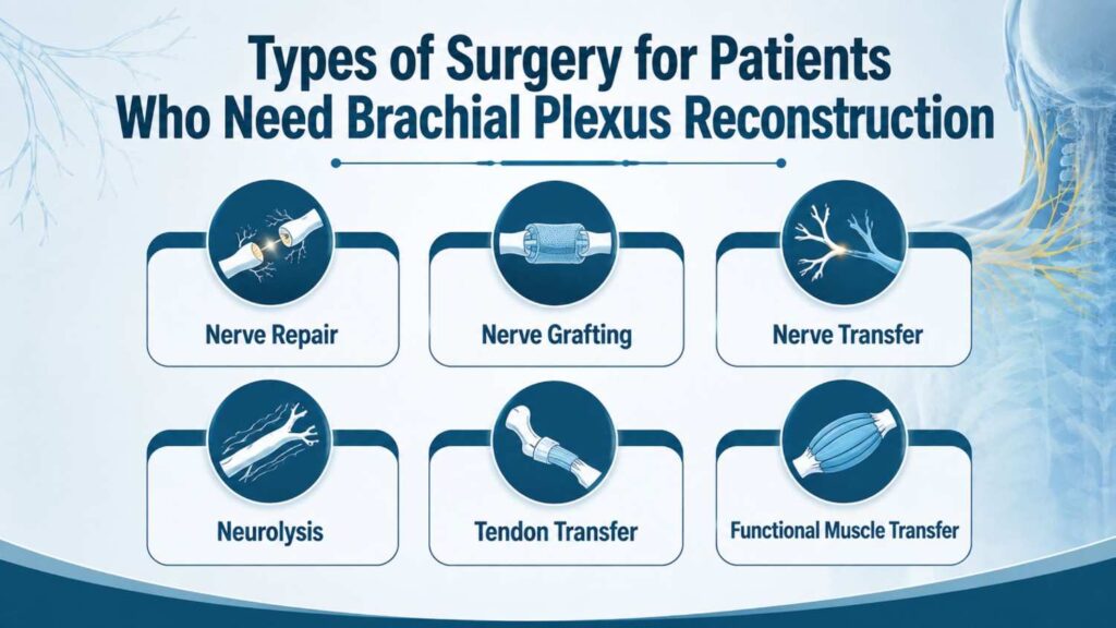 Types of surgery for patients who need brachial plexus reconstruction including nerve repair, nerve grafting, nerve transfer, neurolysis, tendon transfer, and functional muscle transfer