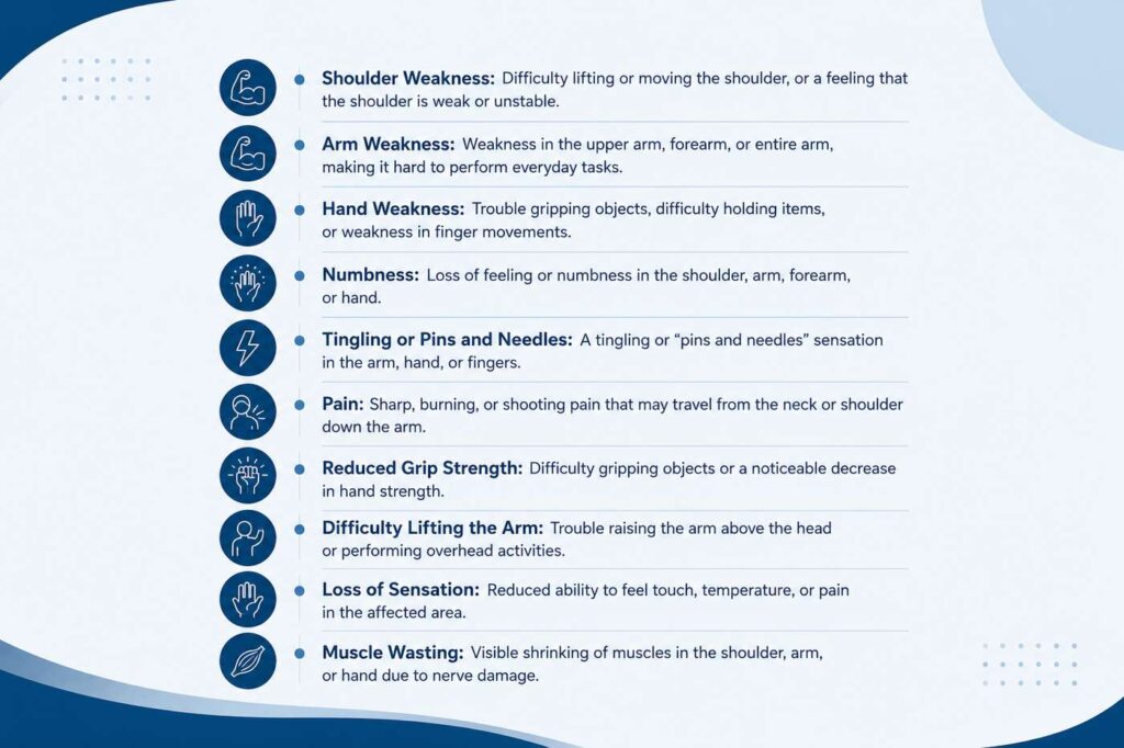 Symptoms of a brachial plexus injury including shoulder weakness, arm weakness, numbness, tingling, pain, and reduced grip strength