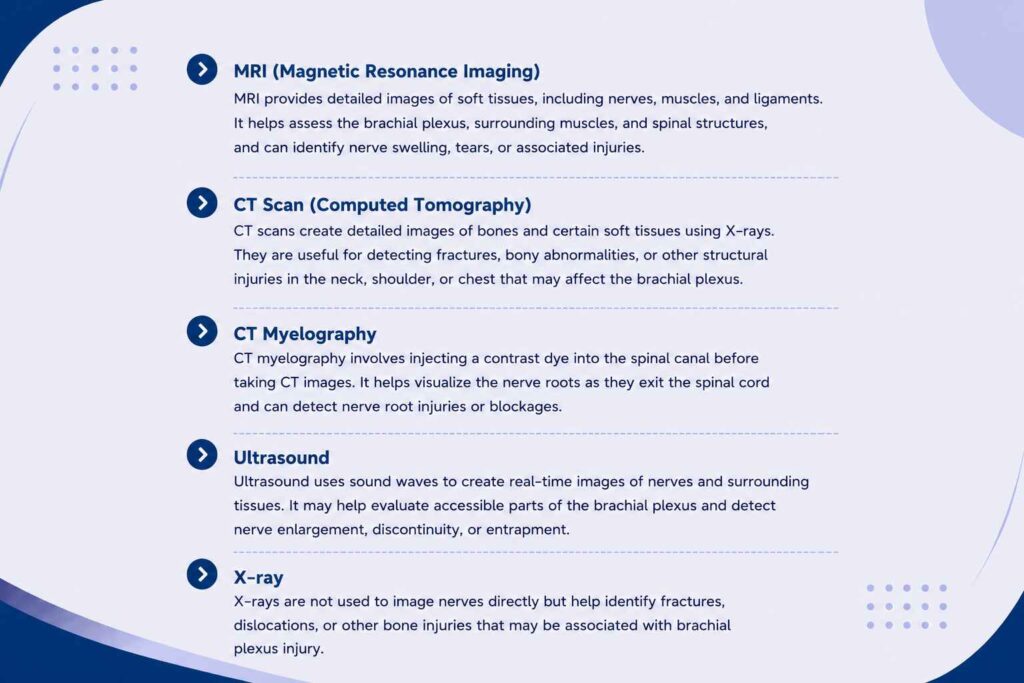 Which imaging tests are used to diagnose a brachial plexus injury