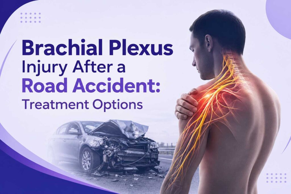 Brachial plexus injury after a road accident showing nerve damage in the shoulder and arm